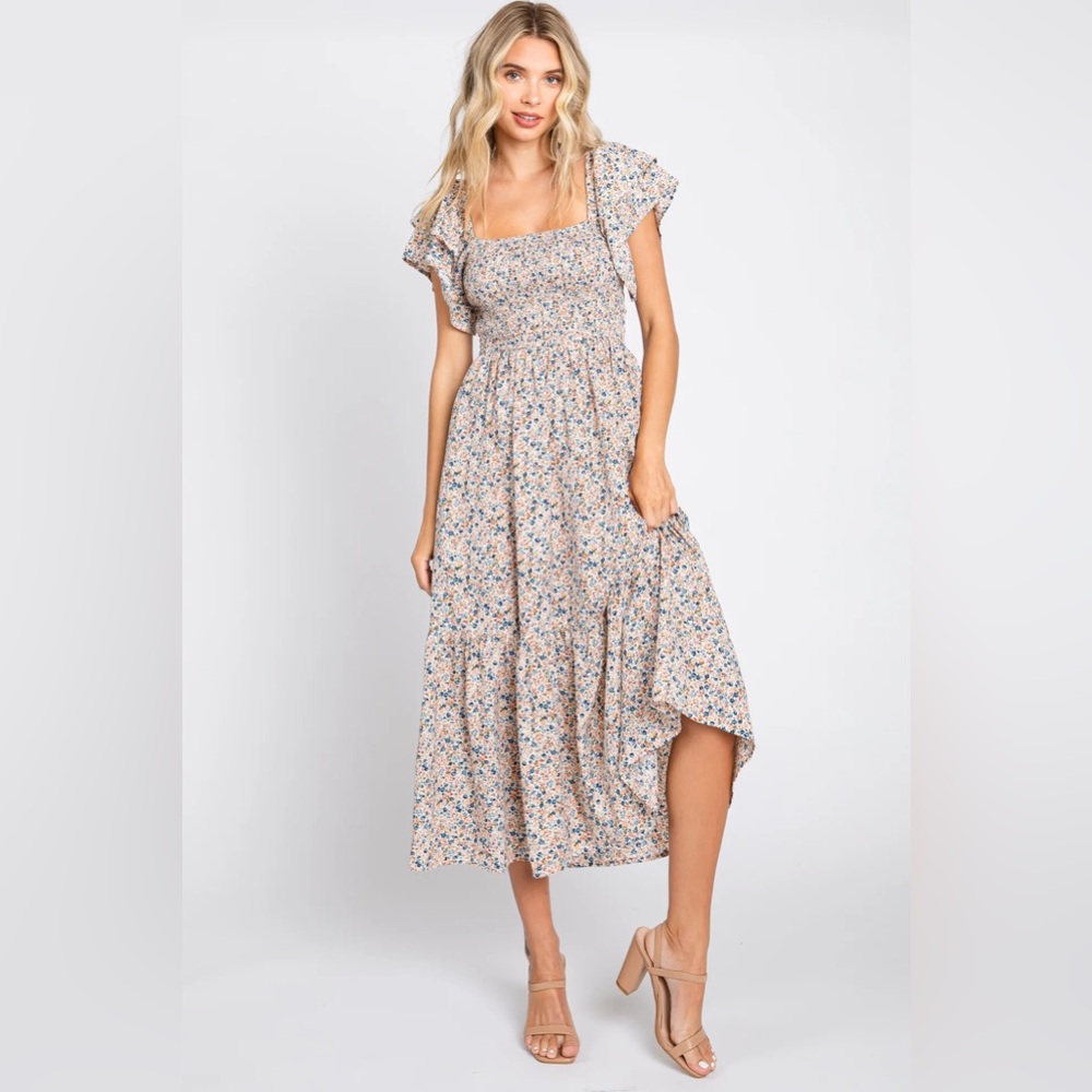 Pink Blush Cream Floral Flutter Maternity Midi Dress